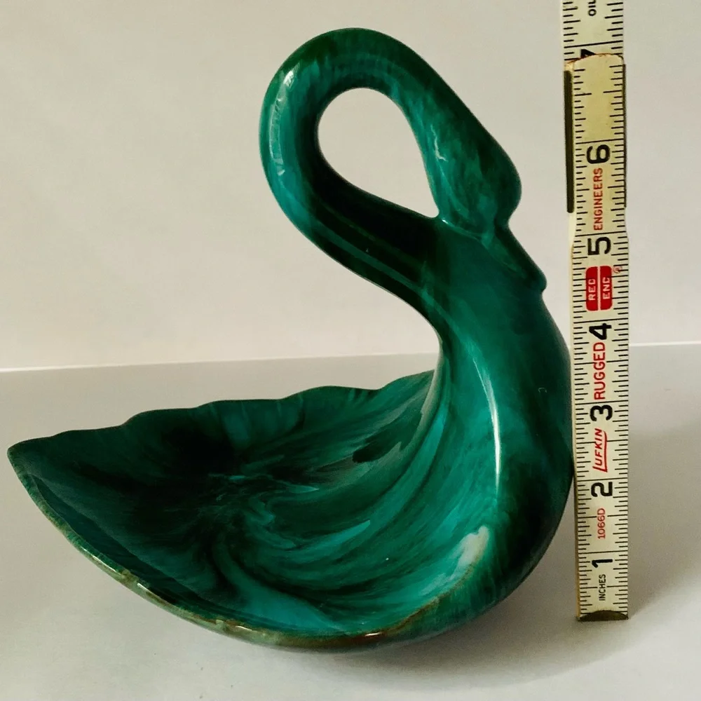 Vintage Blue ? Mountain Pottery Canada Swan Trinket Dish Redware Green Blue MCM